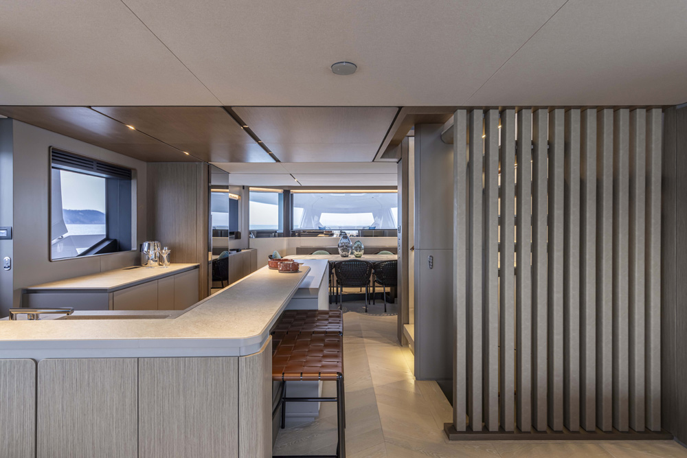 Ferretti Yachts Infynito 90 yacht galley and dining area