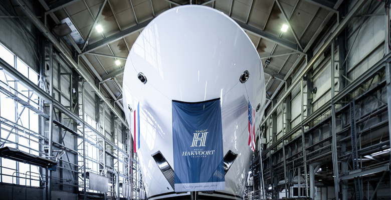 the yacht Asia inside Hakvoort Shipyard