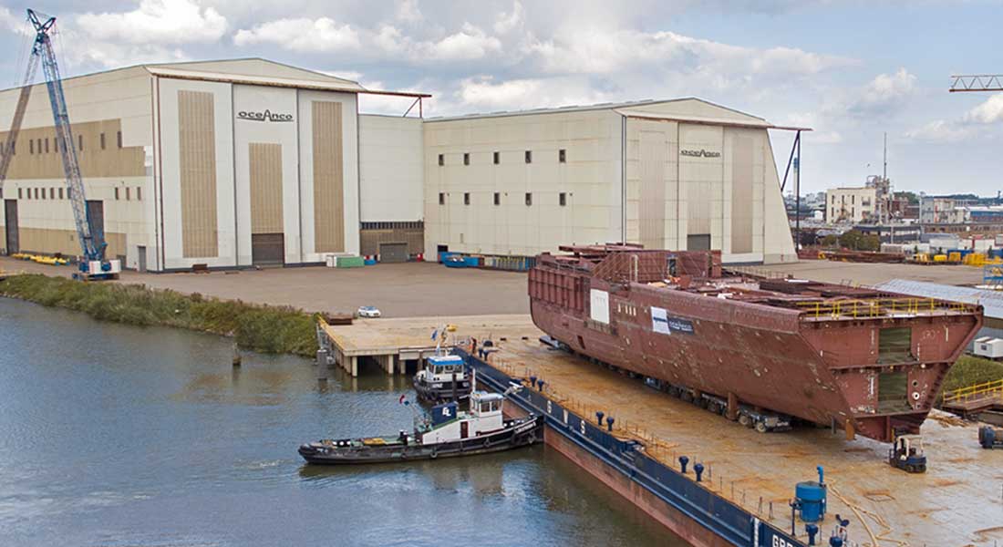 the hull of the latest 109-meter Oceanco megayacht arrives at the yard